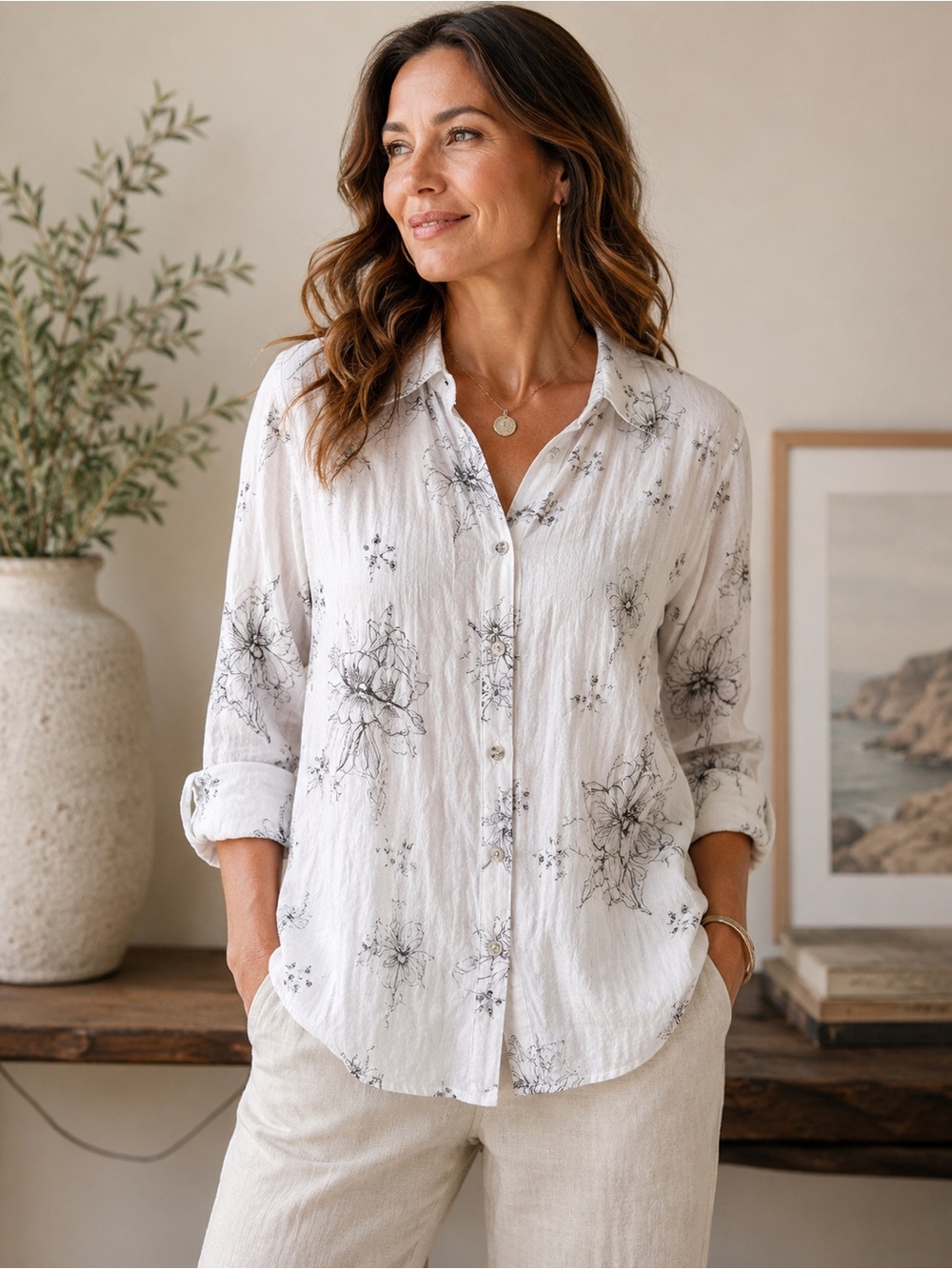 Charter Club White Floral Button-Down Shirt
